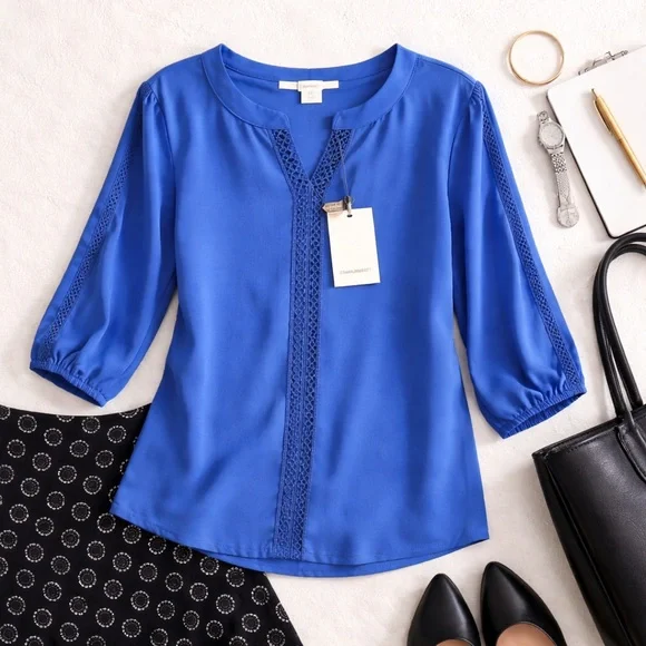 Dana Buchman Blue Blouse Crochet Trim 3/4 Sleeve XL New With Tags (flawed) - Picture 2 of 15